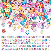 Pandahall Elite Flat Round Polymer Clay Beads, 400pcs 8 Styles Eye/Star/Flower with Smile Face/Food/Flower/Butterfly Colorful Loose Beads Spacer Bead for DIY Jewelry Bracelet Earring Necklace Coker Craft