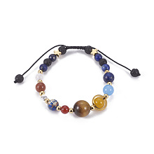 Honeyhandy Natural Mixed Stone Braided Beads Bracelets, with Brass Findings and Nylon Cord, Universe Galaxy The Nine Planets Guardian Star, Lead Free & Cadmium Free , 2 inch(5cm)~2-3/4 inch(7cm)