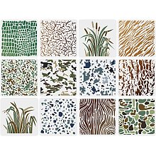 FINGERINSPIRE 12 Pcs Camo Print Stencils 11.8x11.8 inch Camouflage Stencil Plastic Camo Grass Reed Bark Tiger Stripe Pattern Stencil Reusable Animal Print Stencil for DIY Furniture Wall Floor Decor