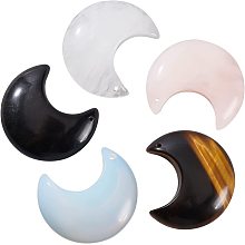 BENECREAT 5Pcs 5 Style Crescent Moon Pendants Natural Stone, Natural Tiger Eye Obsidian Rose Quartz Crystal Opalite Moon Charms for DIY Necklace Jewelry Making Dangle Accessories