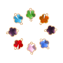 Honeyhandy Glass Connector Charms, with Light Gold Plated Alloy Open Back Berzel Findings, Flower, Light Gold, Mixed Color, 15.5x12x5mm, Hole: 1.4mm, 4pcs/bag