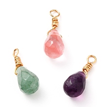 Honeyhandy Wire Wrapped Faceted Natural & Synthetic Mixed Stone Pendants, with Golden Plated Brass Wire, Teardrop, 16mm, Hole: 2mm