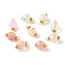 Honeyhandy Electroplate Crackle Glass Bead Pendants, Round, with Tibetan Style Alloy Daisy Spacer Beads and Brass Ball Head Pins, Golden, Mixed Color, 15x8mm, Hole: 1.8mm