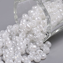 Honeyhandy Glass Seed Beads, Ceylon, Round, White, 4mm, Hole: 1.5mm, about 4500pcs/pound