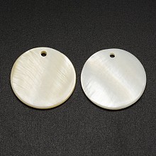 Honeyhandy Flat Round Freshwater Shell Pendants, Creamy White, 25x2mm, Hole: 2mm