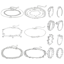 ANATTASOUL 17Pcs 17 Style Heart & Leaf & Flower & Infinity Jewelry Set, Alloy Chains & Imitation Pearl Anklet & Brass Open Cuff Toe Rings for Women, Platinum, Anklet: 205~475mm, Ring: 13~15.5mm Inner Diameter