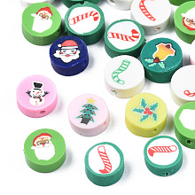 Handmade Polymer Clay Beads, Flat Round with Christmas Themed Patterns, Mixed Color, 9.5~10x4~5mm, Hole: 1.6mm