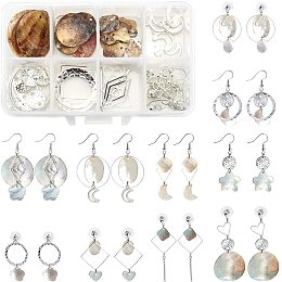 SUNNYCLUE DIY Geometric Style Earring Making Kits, include Natural Akoya Shell Charms, 304 Stainless Steel Pendants & Stud Earring Findings, Alloy Pendants & Links, Brass Links & Earring Hooks, Silver, 178pcs/box