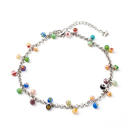 Honeyhandy Millefiori Glass Charm Anklets, with 304 Stainless Steel Rolo Chains, Round, Colorful, Stainless Steel Color, 9-3/8 inch(23.9cm)