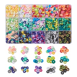 ARRICRAFT 2400Pcs 15 Colors Handmade Polymer Clay Beads, Heishi Beads, for DIY Jewelry Crafts Supplies, Disc/Flat Round, Mixed Color, 6x1mm, Hole: 2mm, 160pcs/color