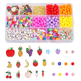 CHGCRAFT DIY Furit Theme Jewelry Making Finding Kit, Including Plastic & Resin Stripe & Polymer Clay Sweet Food & Acrylic Letter & Alloy Spacer Beads, Pineapple & Carrot & Cherry Alloy Enamel Pendants, Mixed Color, 826pcs/box