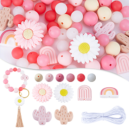 SUNNYCLUE DIY Luminous Stratch Bracelet Making Kit, Including Round & Daisy & Rainbow & Cactus Silicone Beads & Cabochons, Elastic Cord, Pink, 102Pcs/bag