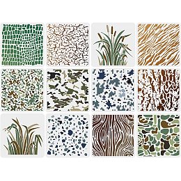 FINGERINSPIRE 12 Pcs Camo Print Stencils 11.8x11.8 inch Camouflage Stencil Plastic Camo Grass Reed Bark Tiger Stripe Pattern Stencil Reusable Animal Print Stencil for DIY Furniture Wall Floor Decor