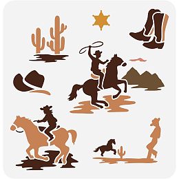 FINGERINSPIRE Western Cowboy Theme Stencil 11.8x11.8 inch Cowboys Riding Horse Painting Stencils Plastic Cactus Boots Hats Pattern Stencil Reusable Stencils for Painting on Wood, Floor, Wall and Tile