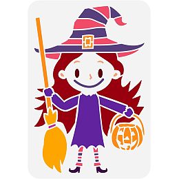 FINGERINSPIRE Witch Stencil for Painting 8.3x11.7inch Reusable Cartoon Witch Painting Stencil Halloween Themed Pattern Stencil for Painting on Wall Wood Furniture DIY Holiday Party Home Decor