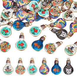 ARRICRAFT 48Pcs 6 Style Alloy Enamel Pendants, Light Gold, Bulb Charm, Mixed Patterns, 25x15x1.8mm, Hole: 1.8mm, 8pcs/style