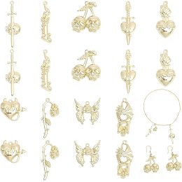 CHGCRAFT 18Pcs 9 Styles Rack Plating Alloy Pendants Butterfly Skull Flower Pendants Dangle Charms for Jewelry Making DIY Necklace Earring Bracelet, Light Gold