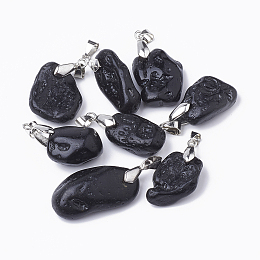 Honeyhandy Natural Tektite Pendants, with Platinum Tone Brass Finding, Nuggets, Black, 20~32x14~20x7~9mm, Hole: 6x4mm