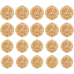 PandaHall Elite 20pcs Golden Round Beads, 14K Gold Plated Brass Hollow Beads 8mm 10mm Filigree Beads Metal Spacer Beads Loose Beads for Earrings Bracelet Pendant Waist Chain Necklaces Jewelry DIY Crafts