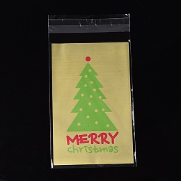 Honeyhandy Rectangle OPP Cellophane Bags for Christmas, with Tree Pattern, Goldenrod, 18.2x9.4cm, Unilateral Thickness: 0.035mm, Inner Measure: 14.9x9.4cm, about 95~100pcs/bag