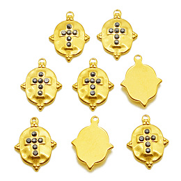 Honeyhandy 201 Stainless Steel Pendants, with Jet Hematite Rhinestone, Oval with Cross, Golden, 21.5x16x3.5mm, Hole: 1.4mm