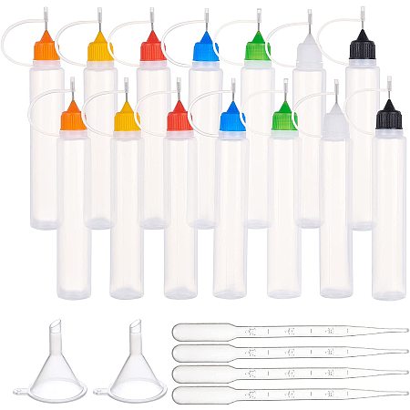 BENECREAT 21 Pack 1oz Needle Tip Applicator Squeeze Bottles PE Plastic Glue Bottles with 2PCS Funnels and 4PCS Pipettes for Acrylic Paint Artwork Hobbies(7 Colors Caps)