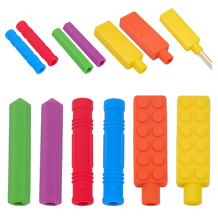 CHGCRAFT 6Pcs 6 Style Silicone Pen Caps, Pencil Tip Cover, Hexagon & Column & Rectangle, Mixed Color, 64~65.5x12~20x13~14mm, Hole: 6~7mm, 1pc/style