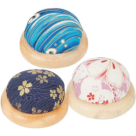 GORGECRAFT 3PCS Pin Cushions Sewing Needle Cushion Holder Wooden Base Round Shaped Fabric Cotton Pillow for Sewing Needlework or DIY Crafts 3 Colors