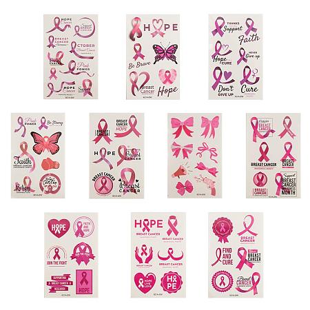 NBEADS 20 Sheets Removable Fake Temporary Tattoos Paper Stickers, 10 Different Styles of Breast Cancer Pink Awareness Ribbon Style Body Arm Facial Decorative Tattoos for Women, 7.6cm(3