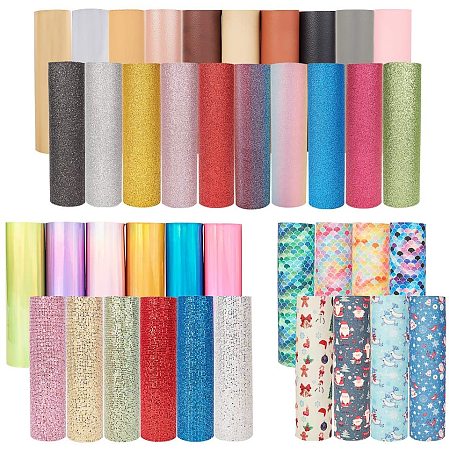 PandaHall Elite 40 Sheets 6 Style Faux Leather Fabric Sheets - Rainbow Mirrored, Glitter, Christmas Theme, Sequins PU Leather Sheets for Earring Hair Bows Crafts Making, A5 Size 6