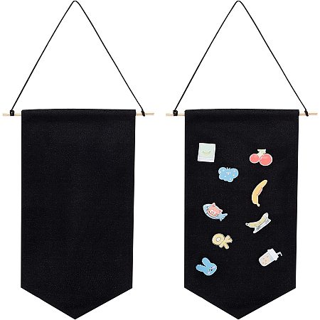 FINGERINSPIRE 2 Pcs Hangable Enamel Pin Wall Display Banner 24x12 Inch Blank Pin Display Banner with Wooden Stick Black Polyester Pennant Wall Display Banner for Badge Pin Brooch Button