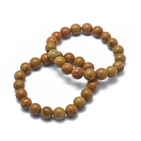 Honeyhandy Natural Wood Lace Stone Bead Stretch Bracelets, Round, 2 inch~2-1/8 inch(5.2~5.5cm), Bead: 10mm