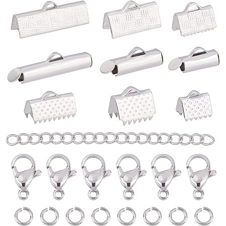 CHGCRAFT 350Pcs Ribbon Bracelet Kit Bookmark Pinch Crimp Ends Includes Ribbon Ends Crimps Lobster Clasps Open Jump Rings and Chain Extenders Silver