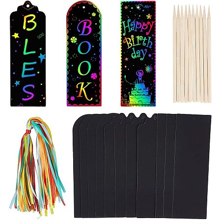 NBEADS 190 Pcs 3 Shapes Scratch Paper Tag, Scratch Art Rainbow Labels Bookmarks Gift Tags with Ribbon Twine and Bamboo Sticks for Wedding Party Gift Tag, 15x5cm