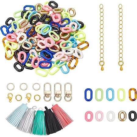PandaHall Elite 10 Sets Acrylic Link Ring Wristlet Keychain Trendy Bracelet Making Kit, 222pcs 10 Colors Chunky Linking Rings Keychain Key Rings End Chains Tassel Pendants for DIY Jewelry Crafts Making