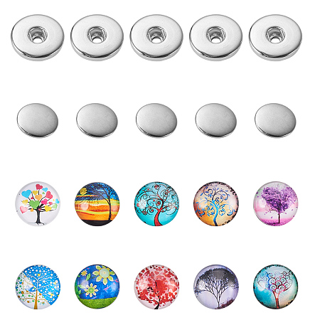PandaHall Elite 12 Sets Brass Platinum Snap Button Fastener (Including Post and Socket) with 12 PCS Mixed Glass Cabochons for Snap Button Making Jewelry Charms