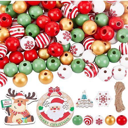 SUNNYCLUE Christmas Wood Bead Garland Wreath Wooden Beads Green Red Reindeer Charms for Jewelry Making Christmas Wreath Making Kit Farmhouse Wooden Beads Stocking Name Tags Personalized House Decor