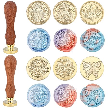 ARRICRAFT Wax Seal Stamp Kit 6 Pieces Butterfly Mushroom Series Sealing Wax Stamp Heads with 2 Wooden Handle Vintage Seal Wax Stamp Kit for Cards Envelopes Invitations