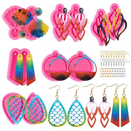 Honeyhandy 6Pcs DIY Pendant Silicone Molds, Resin Casting Molds, For UV Resin, Epoxy Resin Jewelry Making, with 20Pcs Iron Open Jump Rings and 20Pcs Earring Hooks, Leaf & Teardrop & Shell & Semi-sphere, Hot Pink, Molds: 45~70x45~78x5~8mm