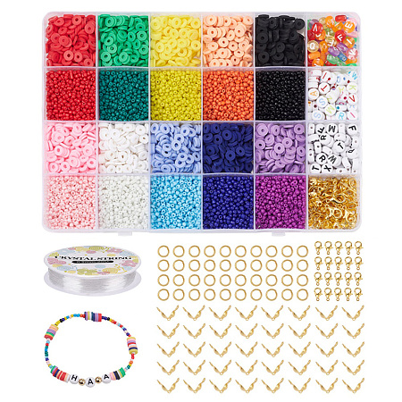 ARRICRAFT DIY Bracelet Making Kit, Including 12/0 Glass Seed Beads, Handmade Polymer Clay Beads, Acrylic Beads, Iron Bead Tips & Jump Ring, Alloy Clasp, Elastic Thread, Mixed Color, Beads: about 9680pcs/set