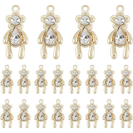 CHGCRAFT 20Pcs Gold Bear Pendants Metal 3D Bears Charms with Glass Decoration Rack Plating Bear Pendants for DIY Necklace Bracelet Keychain Crafting Jewelry Making