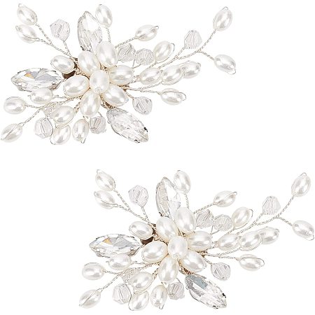 FINGERINSPIRE 2Pcs Crystal Simulated Pearl Shoe Clips (3x2 Inch, White) DIY Bridal Floral Shoe Buckle Rhinestone Metal Shoe Decoration Accessories for Wedding Party Purse Belt Hardware DIY Craft