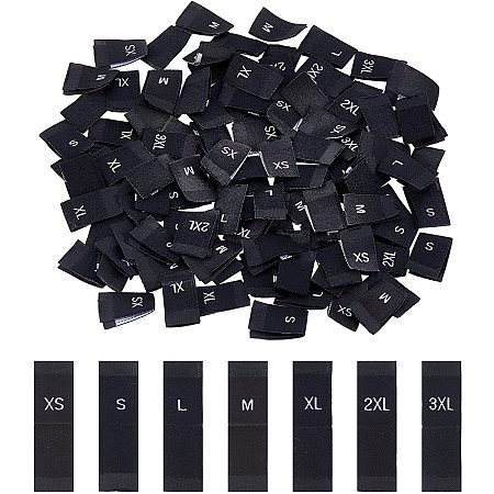 NBEADS 350 Pcs Clothing Size Labels, 7 Sizes Polyester Sewing Labels Embroidered Label Size Labels Tags XS/S/M/L/XL/2XL/3XL for Clothing Sewing Sew on Clothes, Black
