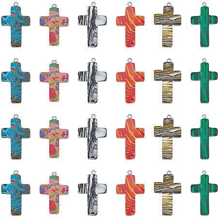 SUPERFINDINGS 30Pcs 6 Colors Natural Stone Cross Pendant Gemstone Cross Pendant Dyed Synthetic Malachite Crystal Healing Stone Pendant for DIY Crafting Jewelry Making, Hole: 1.5mm