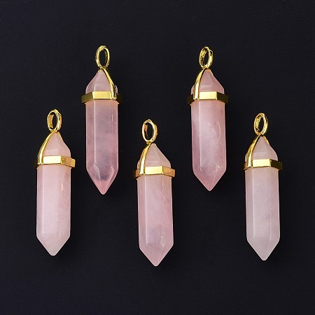 Honeyhandy Natural Rose Quartz Pointed Pendants, with Random Brass Pendant Hexagon Bead Cap Bails, Golden, Bullet, 38.5~40x12~12.5x10~11mm, Hole: 3x4.5mm