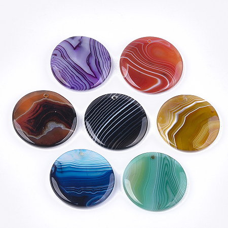 Honeyhandy Natural Banded Agate/Striped Agate Pendants, Dyed, Flat Round, Mixed Color, 40x7mm, Hole: 1.8mm
