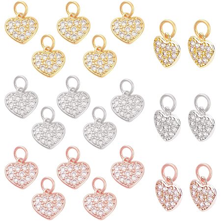 NBEADS 24 Pcs Heart Shape Brass Zirconia Beads, 3 Colors Micro Pave Cubic Zirconia Stones Heart Charm Pendant Beads for Jewelry Making