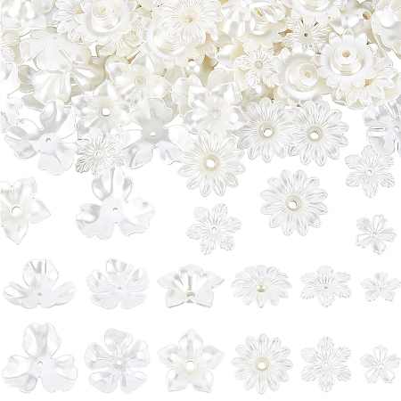 NBEADS About 120 Pcs Flower Bead Caps, 6 Styles Opaque ABS Plastic Imitation Pearl Flower Beads White Flower Imitation Pearl Bead Caps Floral End Caps for DIY Necklace Earrings Jewelry Making