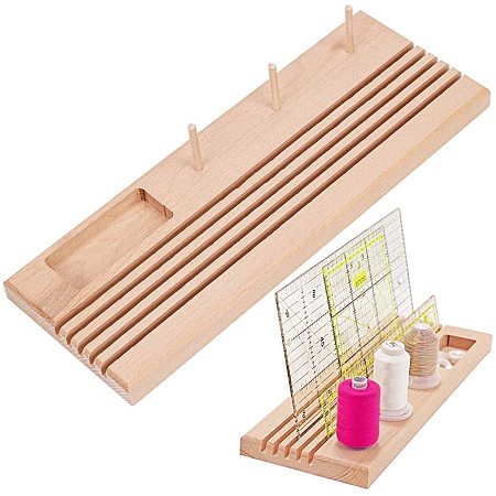 BENECREAT Wooden Ruler Station 14.2x5.2x0.8 Inch Solid Sewing Ruler Rack with Spool and Space to Store Pins Tacks, Embroidery Thread with Bobbins and Other Sewing Tools