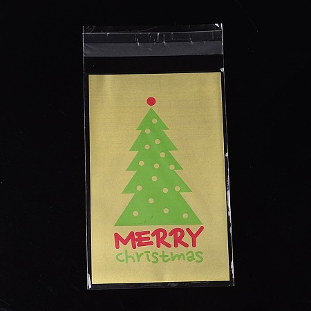 Honeyhandy Rectangle OPP Cellophane Bags for Christmas, with Tree Pattern, Goldenrod, 18.2x9.4cm, Unilateral Thickness: 0.035mm, Inner Measure: 14.9x9.4cm, about 95~100pcs/bag